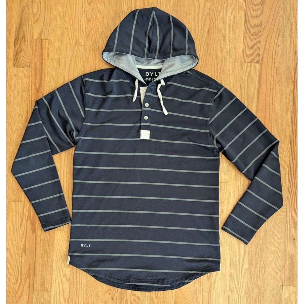 BYLT Hoodie Men Small Navy Drop Cut Henley Gray Striped Performance Stretch Lux